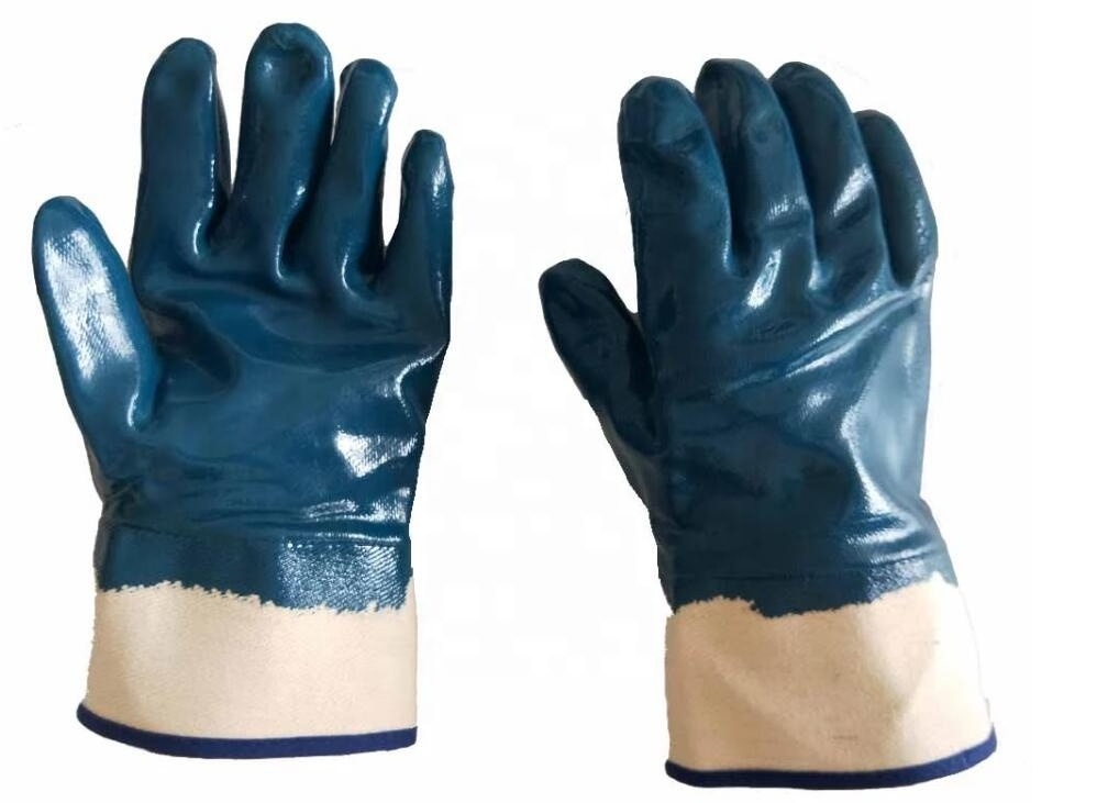 Blue nitrile fully coated gloves with safety cuff, smooth finish