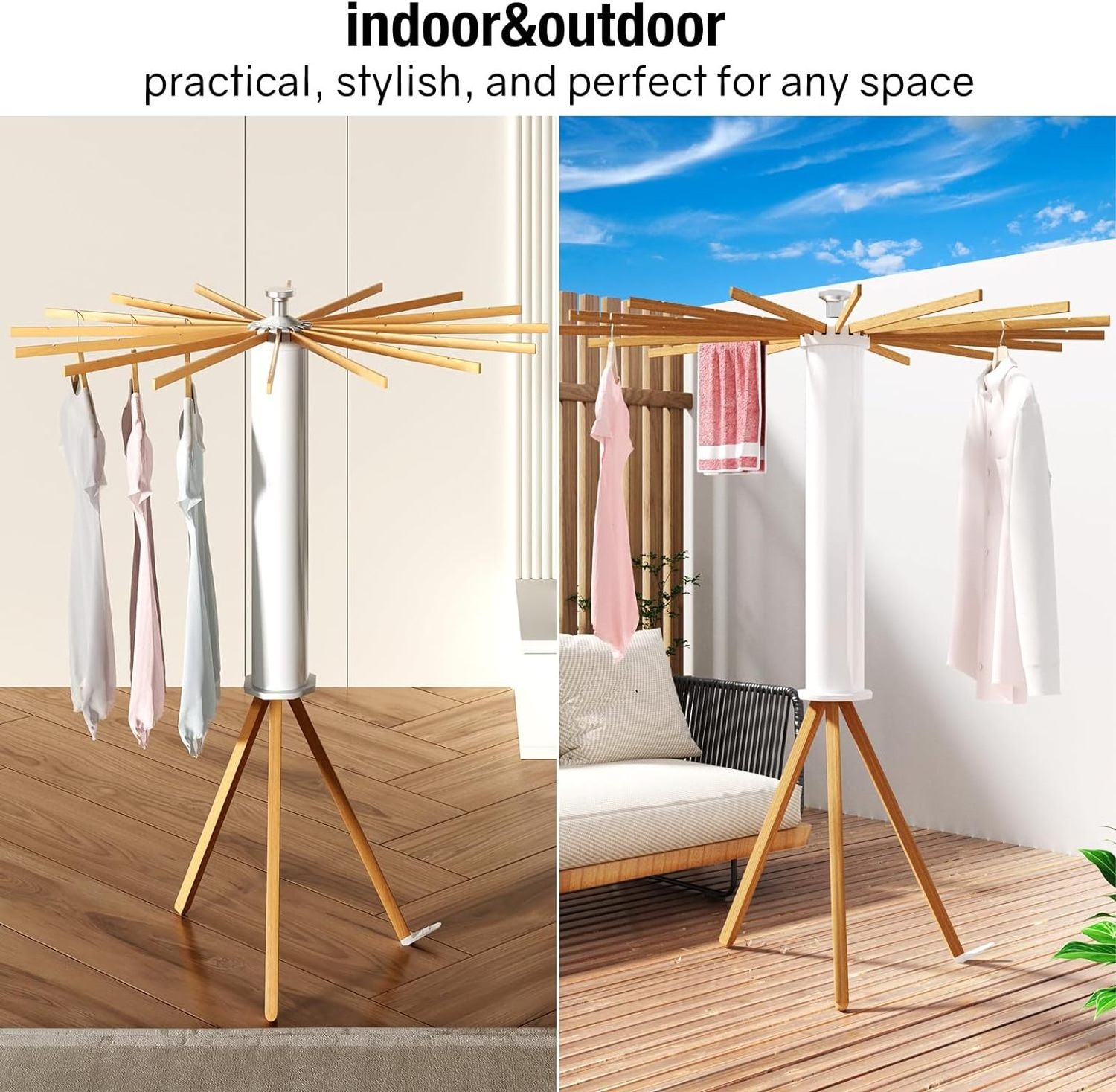 2023 High quality multi-purpose folding wood Tripod Clothes Drying Rack Stand Foldable Laundry Dryer Rack Space Saver