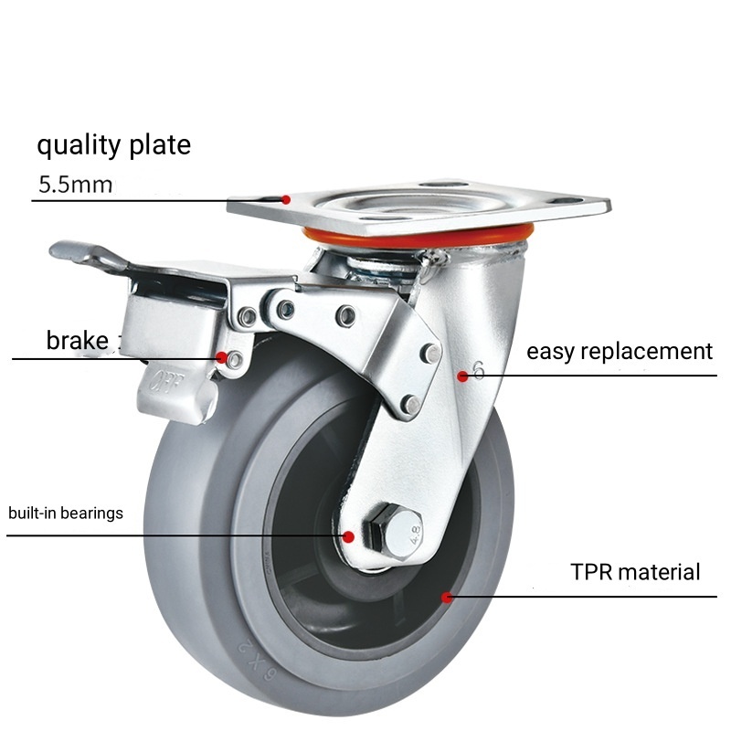 Heavy industrial casters 6 inch inflatable rubber static rubber wheels replacement swivel caster with brakes