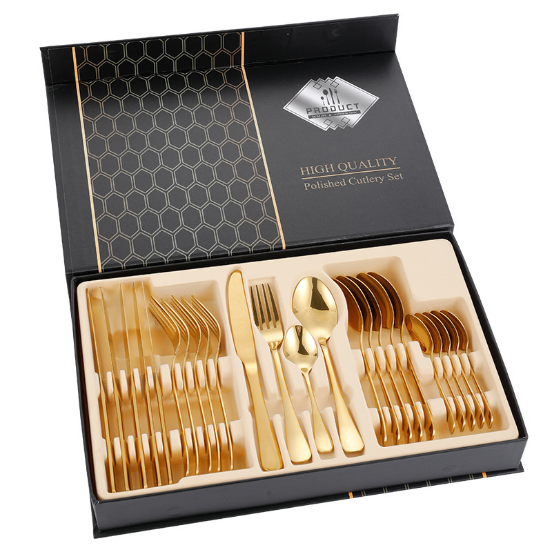 Hot selling luxury 24 pcs gold silverware cutlery set spoon and fork knife set golden portable stainless steel with box