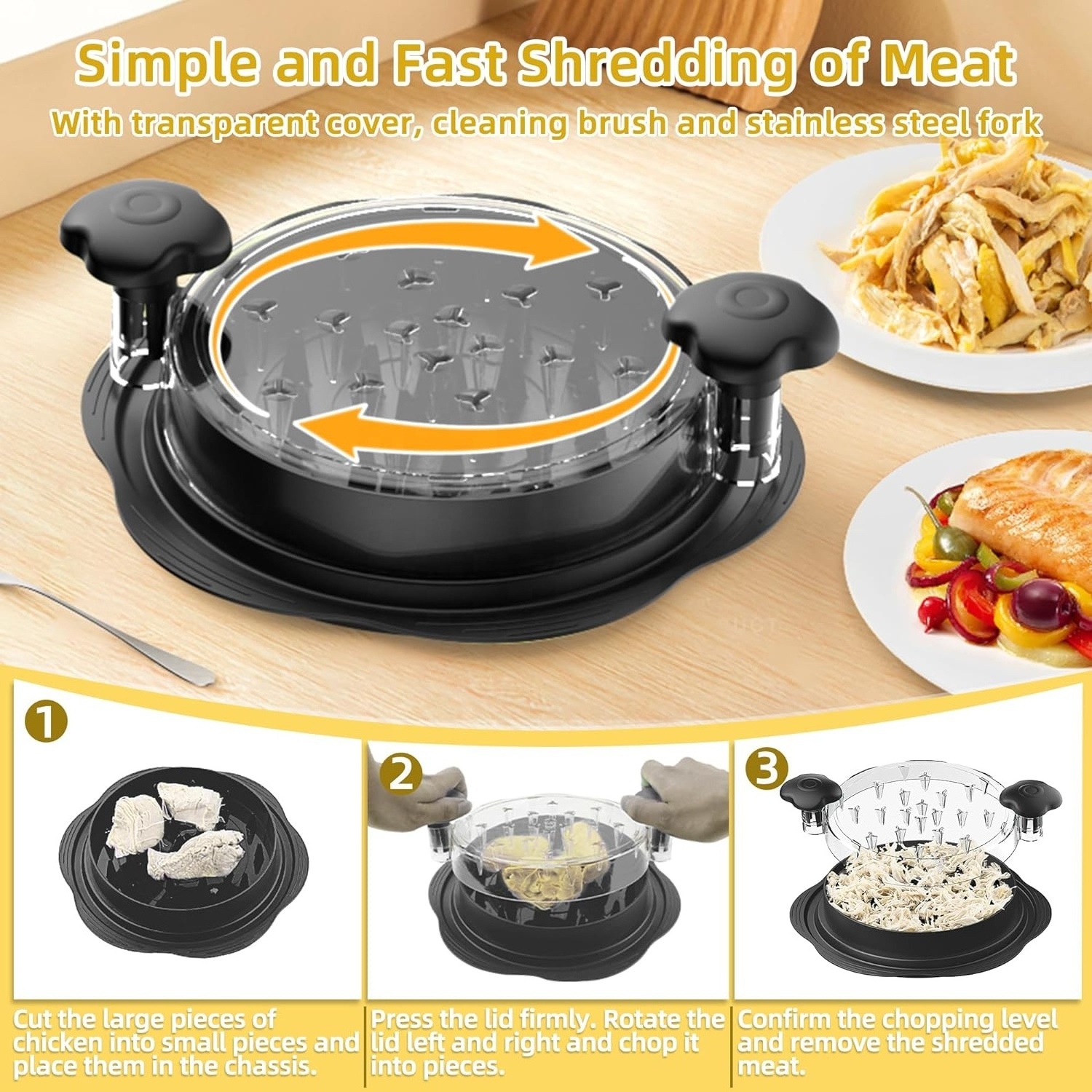 tiktok hot selling Round Chicken Bowl Twist Tool Shredder Chicken Meat Shredder With Non-skid Base Mat And Transparent Lid