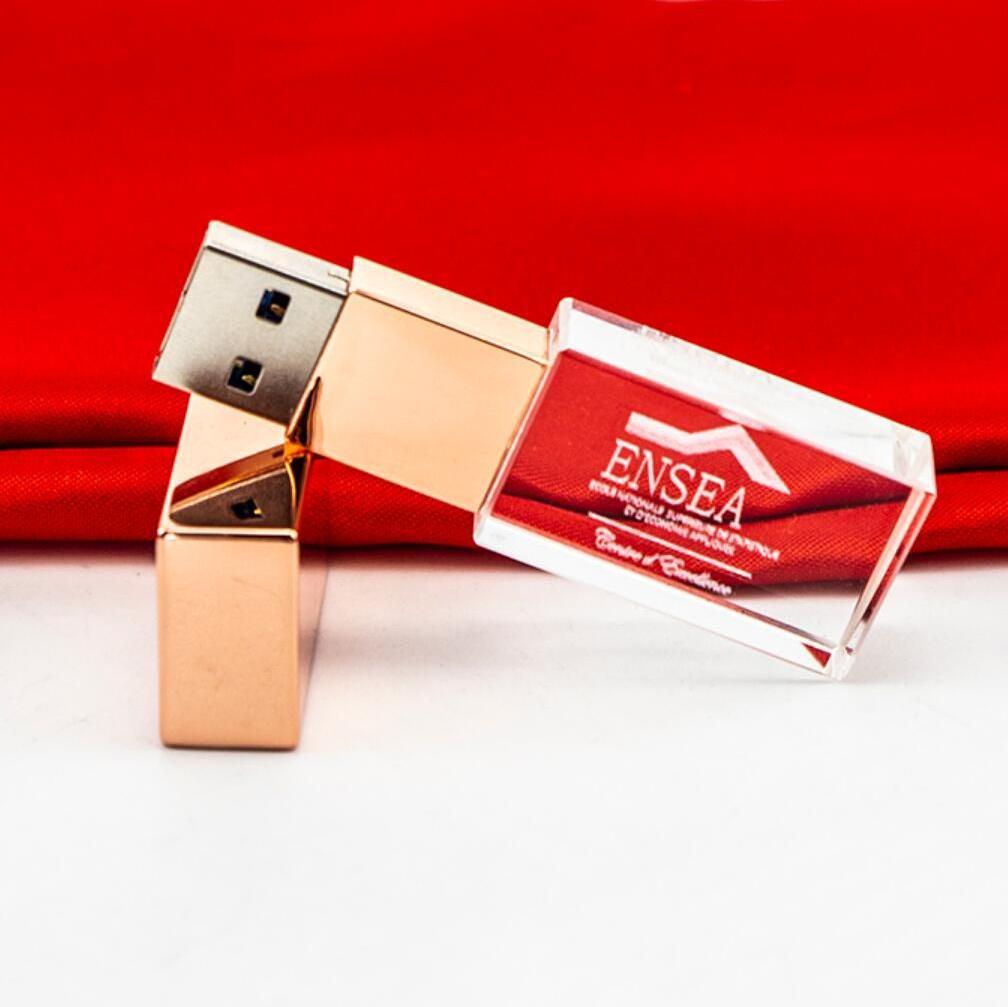 2024 new style rose golden metal glass USB 3.0 stick gold pendrive with led light