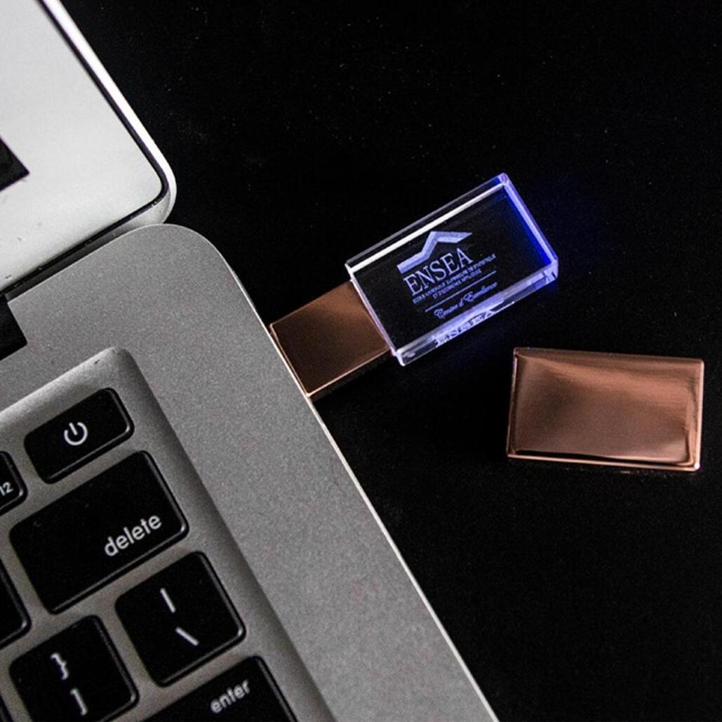 2024 new style rose golden metal glass USB 3.0 stick gold pendrive with led light