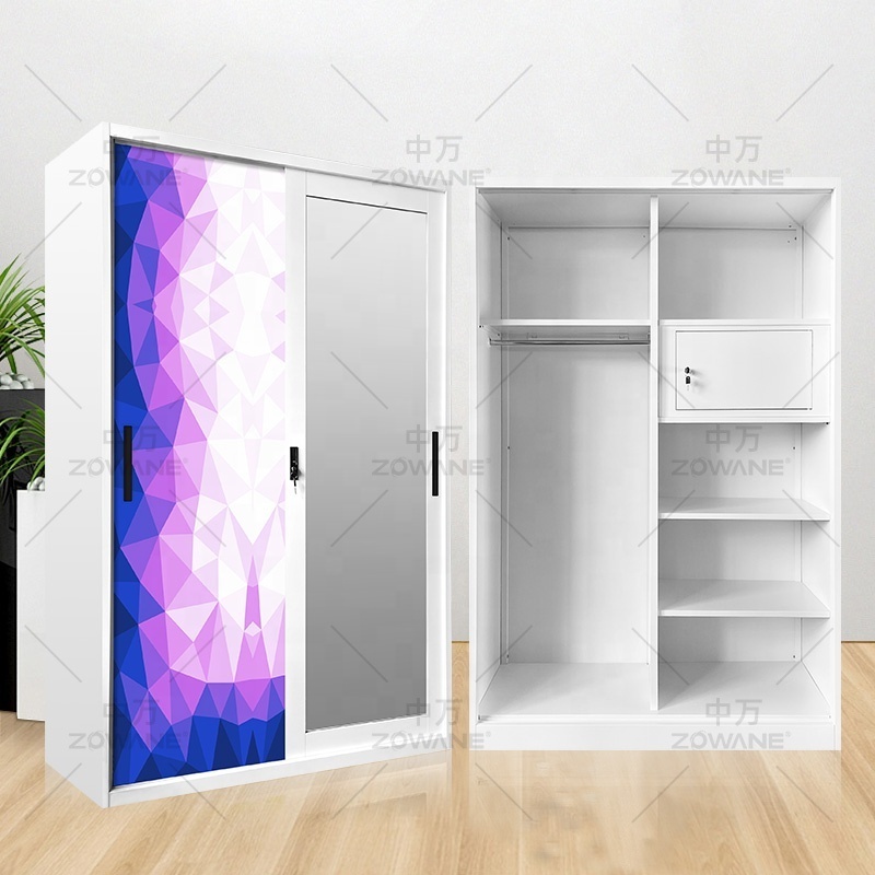 Clothes Cupboard Design Sliding Door Bedroom Storage Cupboard With Beautiful Prints Metal Wardrobe