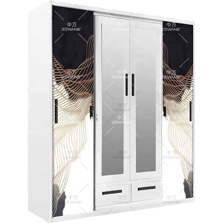 Wholesale home bedroom iron 4 sliding door with mirror almirah wardrobe printing pattern sliding door storage metal wardrobe