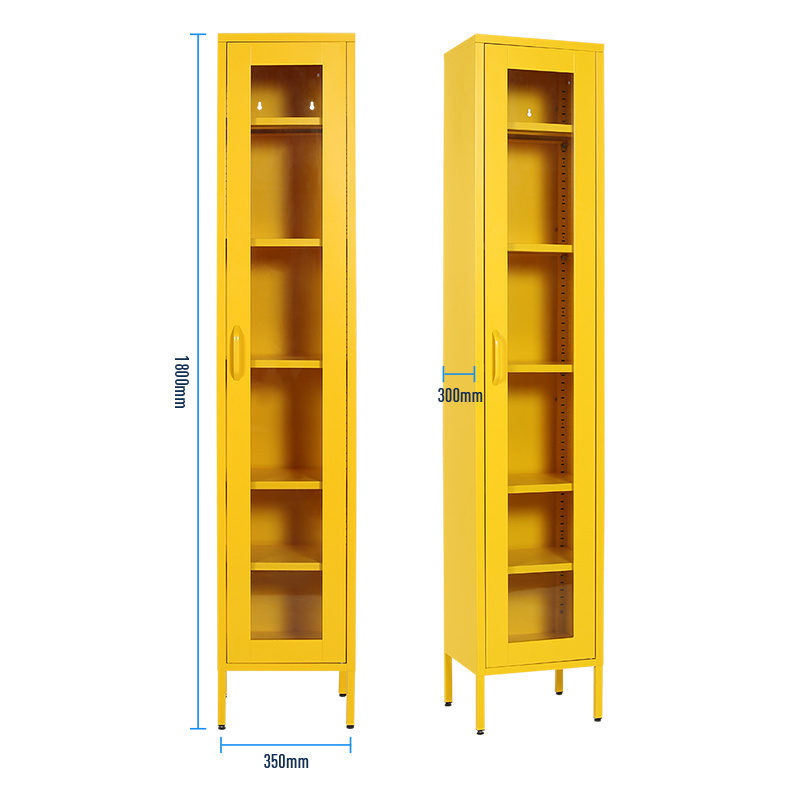 High foot popular  home  furniture cabinet modern design yellow Steel storage slim and tall glass door Metal Cabinet Wardrobe