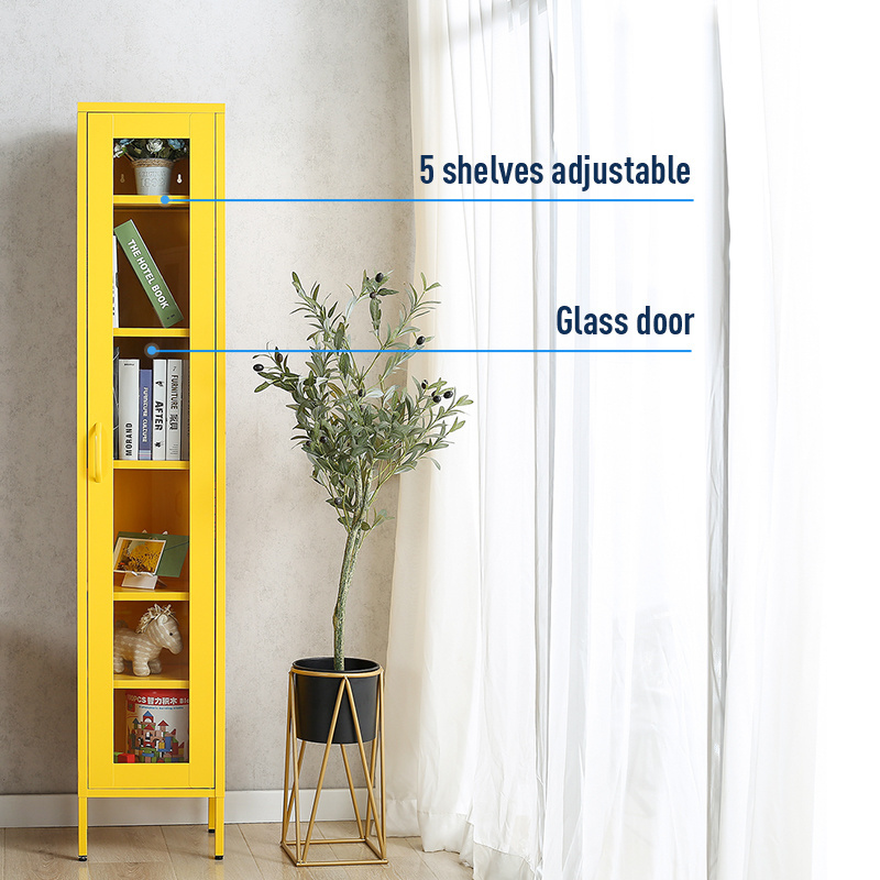 High foot popular  home  furniture cabinet modern design yellow Steel storage slim and tall glass door Metal Cabinet Wardrobe