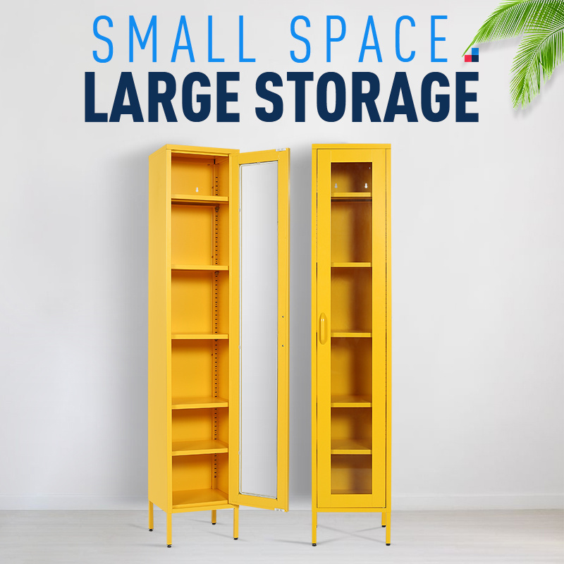 High foot popular  home  furniture cabinet modern design yellow Steel storage slim and tall glass door Metal Cabinet Wardrobe