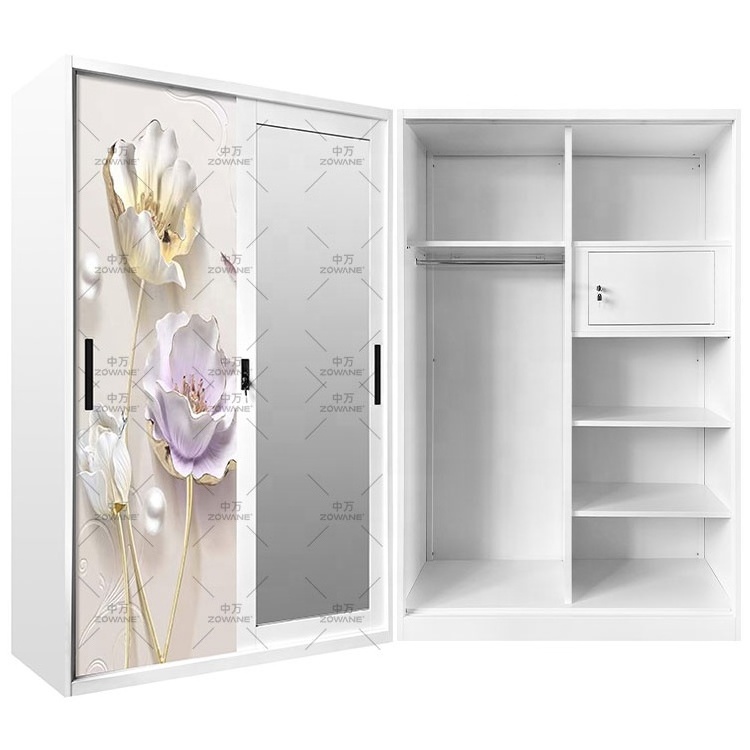 Cheap price bedroom sliding 2 doors metal wardrobe with mirror design bongkar pasang lemari steel cabinet almari metal wardrobes