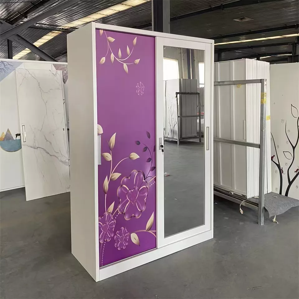 Cheap price bedroom sliding 2 doors metal wardrobe with mirror design bongkar pasang lemari steel cabinet almari metal wardrobes