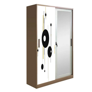 New design customized steel colorful cabinet sliding door with mirror pattern 2 door metal wardrobe closet cabinet