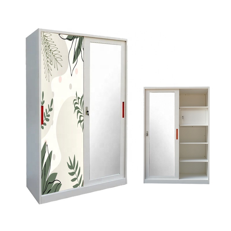 Modern Lemari Pakaian Besi 2 Pintu Sliding Pintu Geser Lemari Pakaian Besi Metal Cabinet Sliding Door Steel Wardrobe