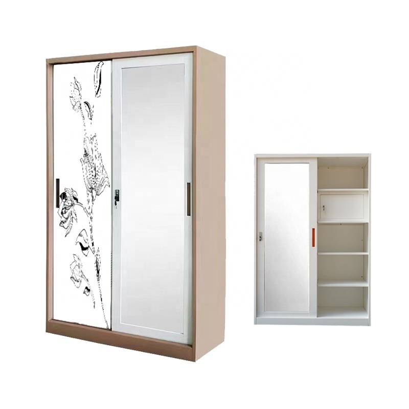 Modern Lemari Pakaian Besi 2 Pintu Sliding Pintu Geser Lemari Pakaian Besi Metal Cabinet Sliding Door Steel Wardrobe