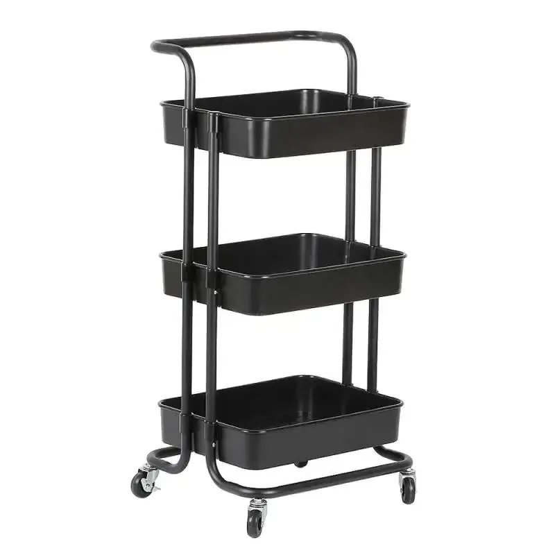 Kitchen 3-Tier Metal Movable Storage Cart Adjustable Utility Rolling Trolley Cart with Hand Multifunctional Trolley Service Cart