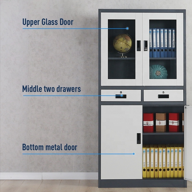 Hot sale office furniture 2 drawer 2 glass door 2 iron door file cabinet factory price metal and steel filing cabinet