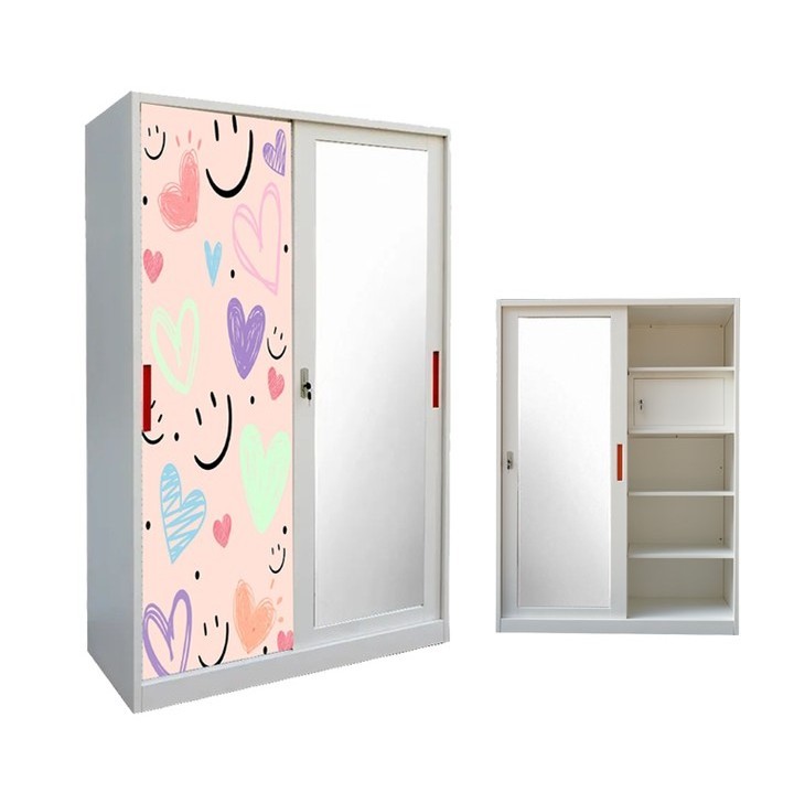 Modern Lemari Pakaian Besi 2 Pintu Sliding Pintu Geser Lemari Pakaian Besi Metal Cabinet Sliding Door Steel Wardrobe