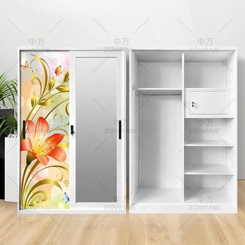 Clothes Cupboard Design Sliding Door Bedroom Storage Cupboard With Beautiful Prints Metal Wardrobe