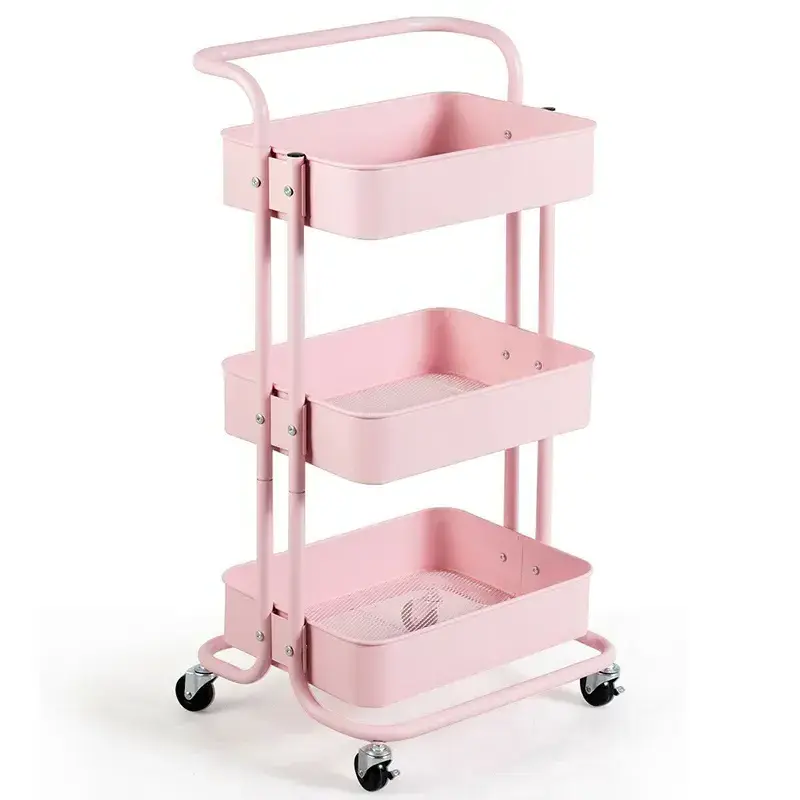 Kitchen 3-Tier Metal Movable Storage Cart Adjustable Utility Rolling Trolley Cart with Hand Multifunctional Trolley Service Cart