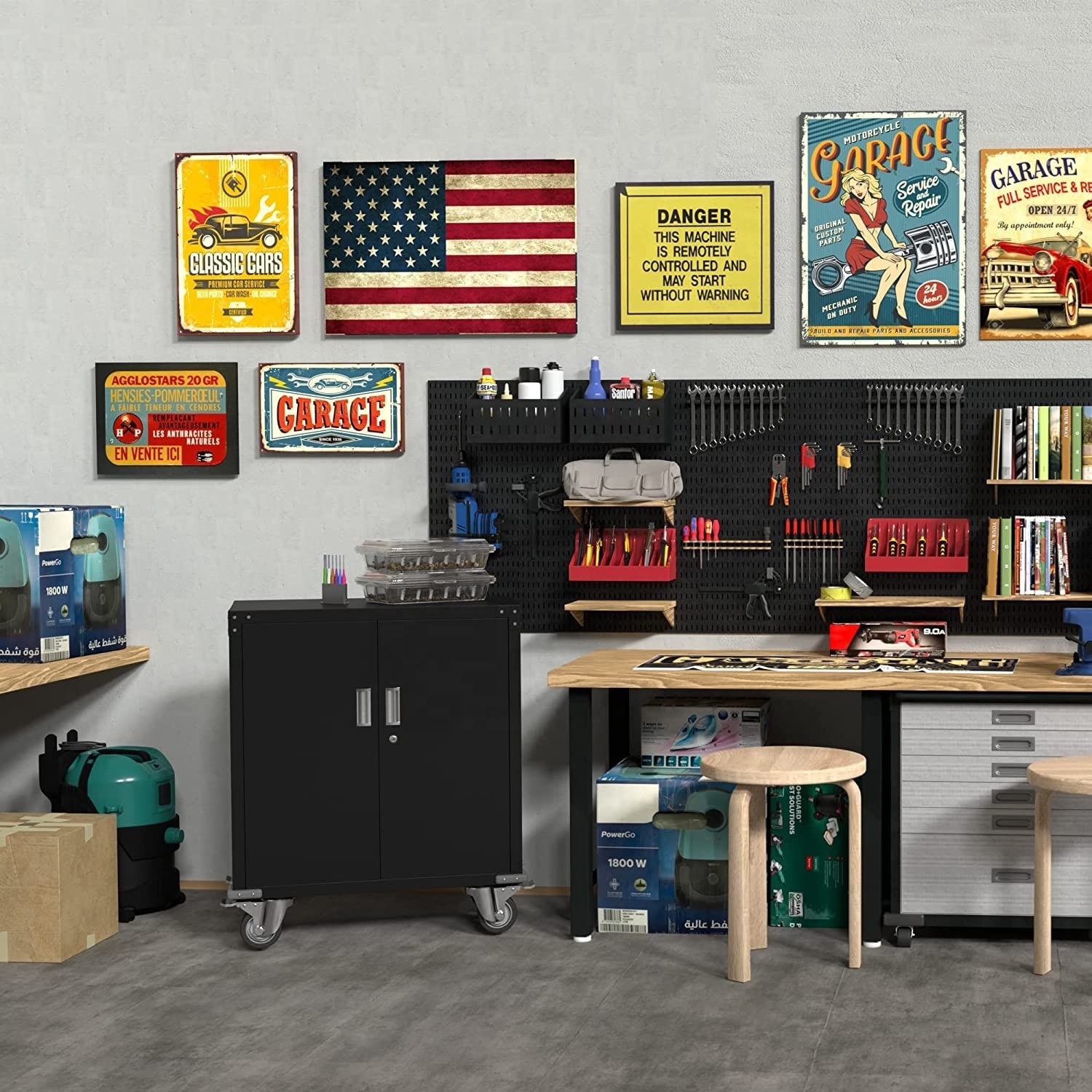 Design Garage Storage for Workshop Steel Workbench Metal Tool Box Cabinets 2 Door Tool Cabinet with Wheels