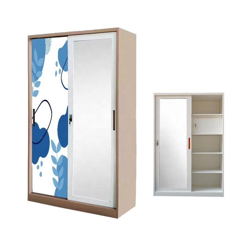 Modern Lemari Pakaian Besi 2 Pintu Sliding Pintu Geser Lemari Pakaian Besi Metal Cabinet Sliding Door Steel Wardrobe