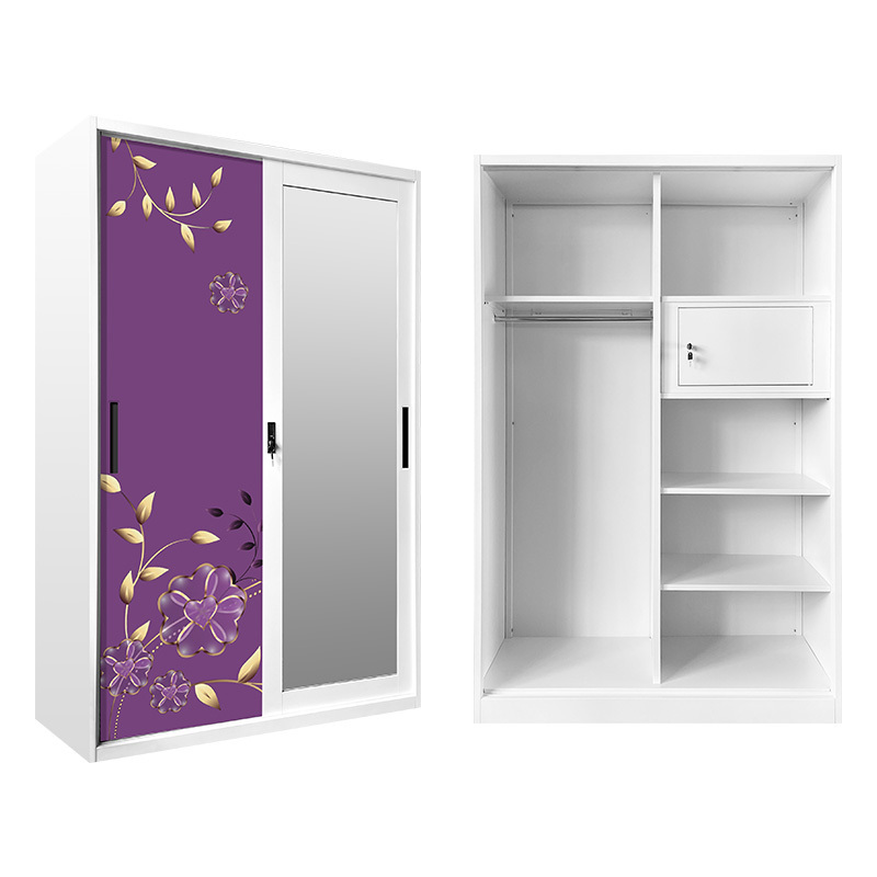 Clothes Cupboard Design Sliding Door Bedroom Storage Cupboard With Beautiful Prints Metal Wardrobe