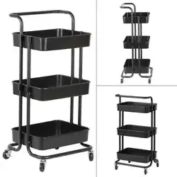 Kitchen 3-Tier Metal Movable Storage Cart Adjustable Utility Rolling Trolley Cart with Hand Multifunctional Trolley Service Cart