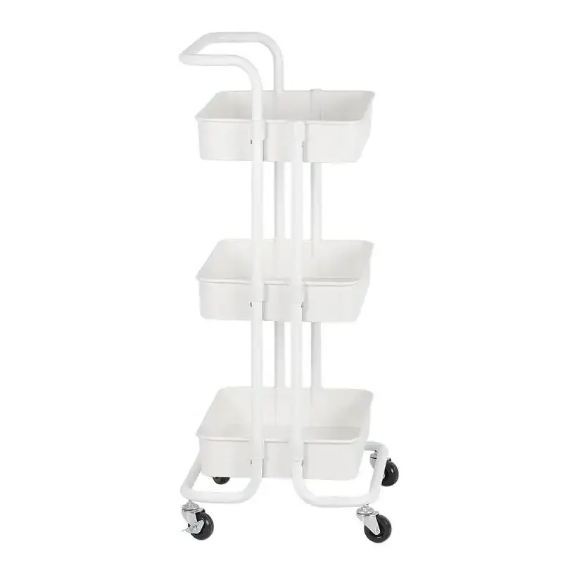 Kitchen 3-Tier Metal Movable Storage Cart Adjustable Utility Rolling Trolley Cart with Hand Multifunctional Trolley Service Cart