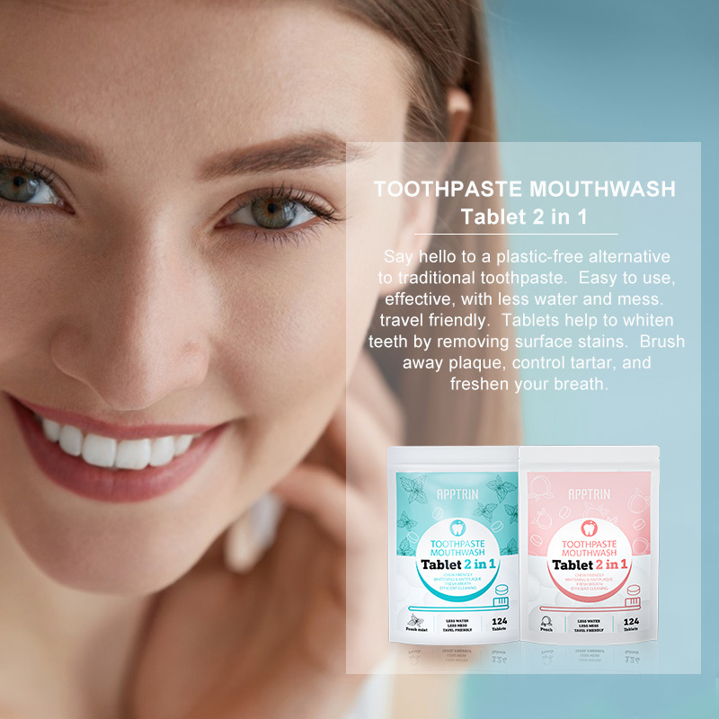 APPTRIN Toothpaste in Tablet Private Label Oral Care Eco Friendly Fluoride Free Whitening Chewable Mouthwash Toothpaste Tablets