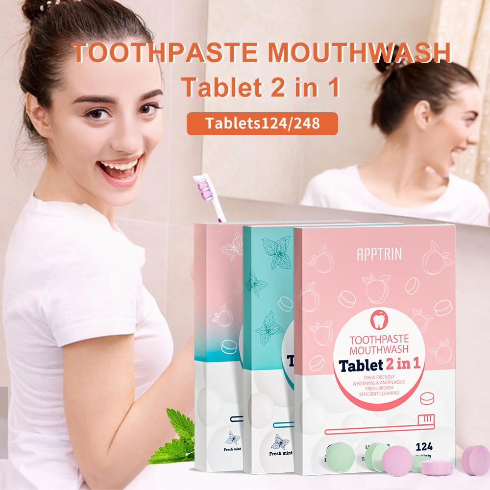 APPTRIN Toothpaste in Tablet Private Label Oral Care Eco Friendly Fluoride Free Whitening Chewable Mouthwash Toothpaste Tablets