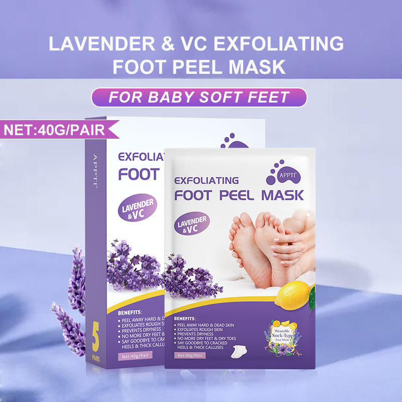 Private Label APPTI Lavender Removal Calluses Crack Heel Exfoliating Sock Foot Masking Peel For Pedicure Feet Spa Peel Foot Mask