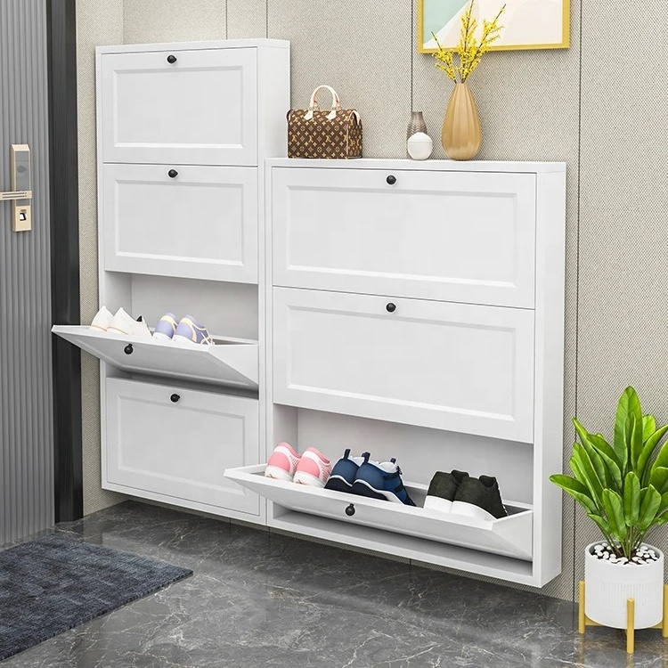 Factory Direct Sales Rattan Shoe Cabinet with 2 / 3 / 4 Flip Drawers Metal Door Narrow Shoe Storage Cabinet for Entryway