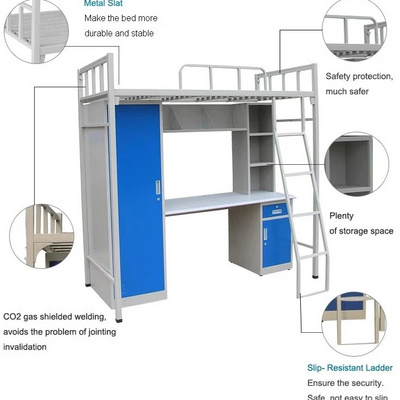 School Dormitory Furniture Student Metal Single Comfortable Dormitory Structure-strong Bunk Bed with Desk and Locker