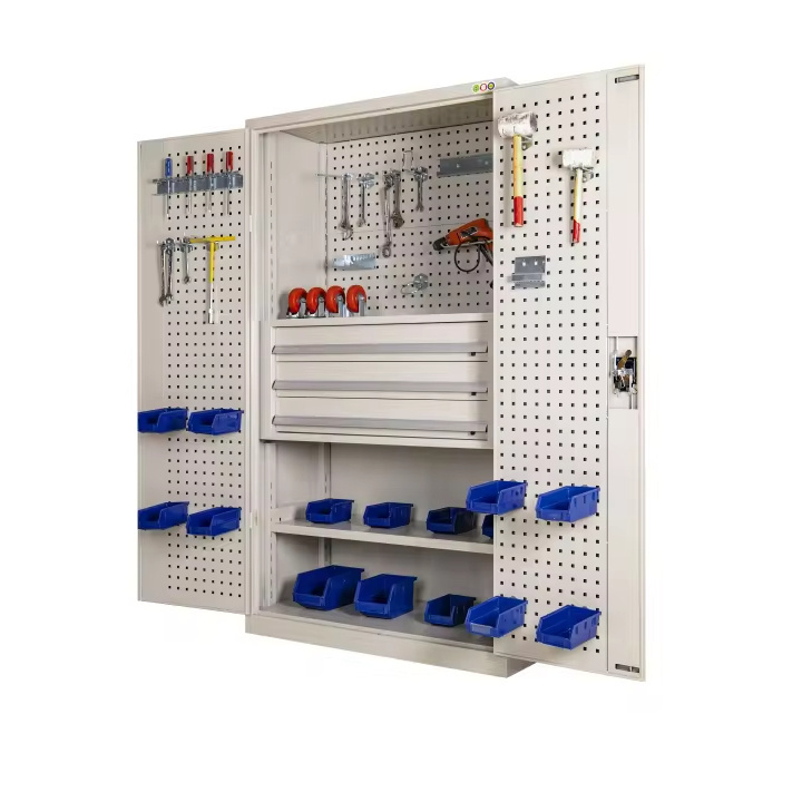 Strong load bearing steel adjustable tool locker with three drawers/inner door for hanging tools