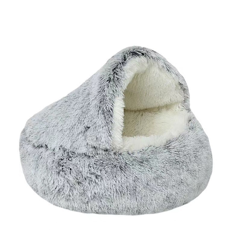 Winter Warm Long Plush Fluffy Hooded Dog Cat Donut Bed Cave Soothing Pet Beds Washable Doughnut Hut Bed