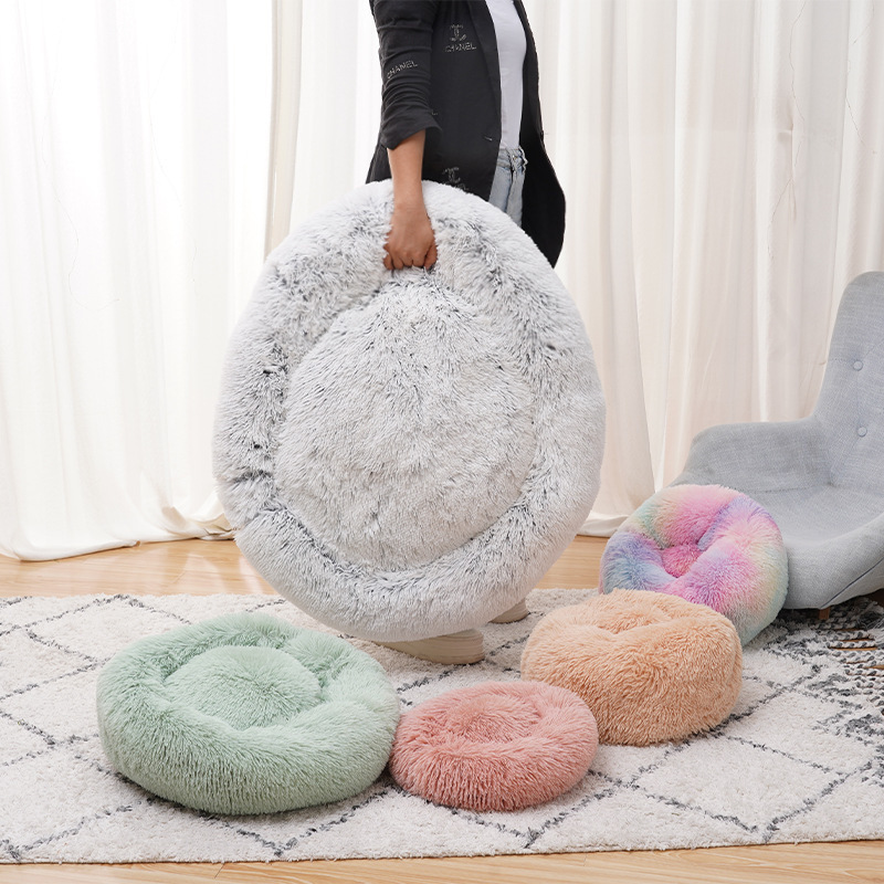 Sustainable Removable Cat Dog Pet Cushion Comfortable Plush Round Donut Pet Bed Washable Soft Fuzzy Calming Luxury Dog Beds