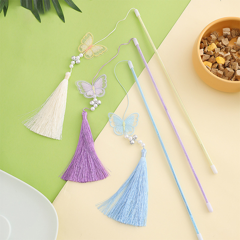 Butterfly Shape Feather Cat Teaser Stick Colorful Interactive Cat Toy Teaser Sticks With Bells