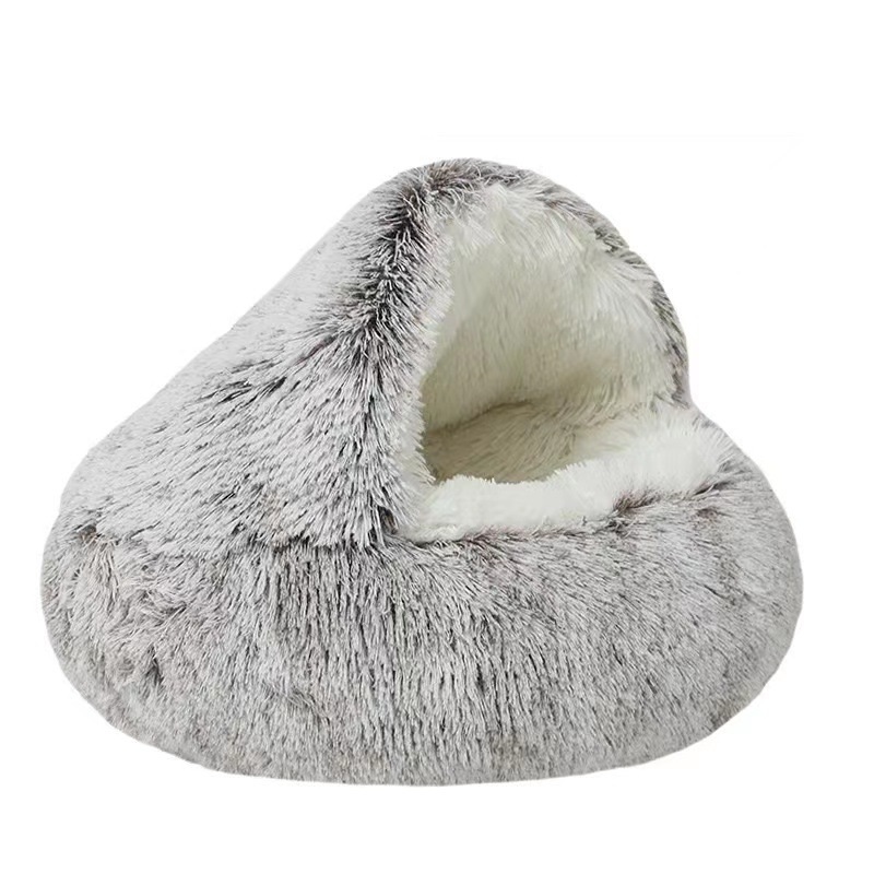 Winter Warm Long Plush Fluffy Hooded Dog Cat Donut Bed Cave Soothing Pet Beds Washable Doughnut Hut Bed