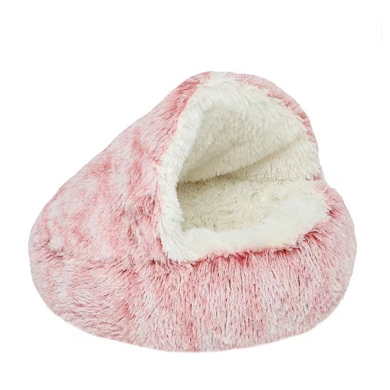 Winter Warm Long Plush Fluffy Hooded Dog Cat Donut Bed Cave Soothing Pet Beds Washable Doughnut Hut Bed