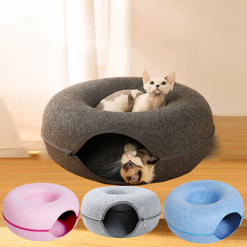 Explosive New Products Nest Round Donut Pet Bed For Cat Small Dog Large Indoor  Cat Paws Grinding Pets Round Felt Tunnel Nest