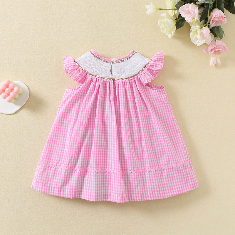 Custom designs summer kids clothing wholesale ruffles sleeve handmade smocked dress cotton little girl dress with embroidery