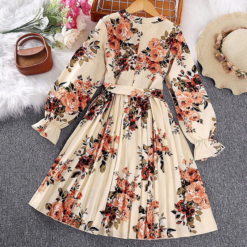 Children's clothing 2024 spring new retro floral printed children's princess dress Korean style teen girls' casual dress