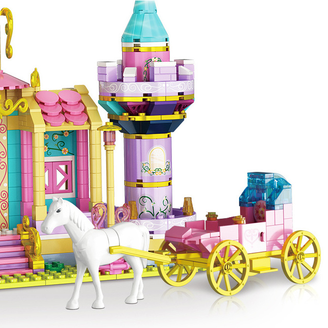 Wholesale Supplier Child Fantasy Princess Prince Pink Swan Castle Forest Carriage Building Blocks Model Set Diy