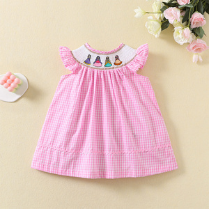 Custom designs summer kids clothing wholesale ruffles sleeve handmade smocked dress cotton little girl dress with embroidery