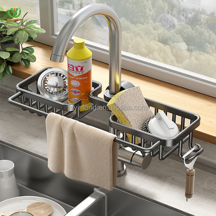 YINLONG Kitchen faucet storage rack Aluminum long sink storage rack Dishwashing sink Dishwashing rag drain rack artifact