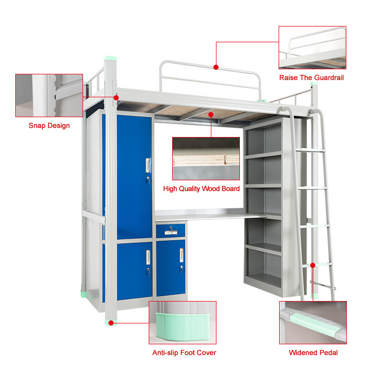 Adults College steel bunk bed Student Apartment Steel Loft Wardrobe Cheap desk and locker Bunk Dorm Bed