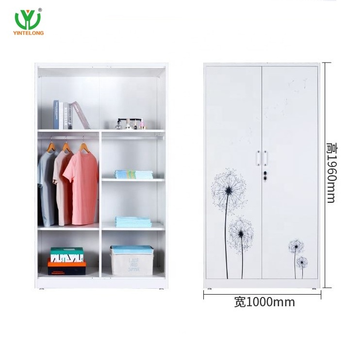 Yinlong customizable Two doors steel printing wardrobe Sliding print wardrobe bedroom Pattern printed wardrobe