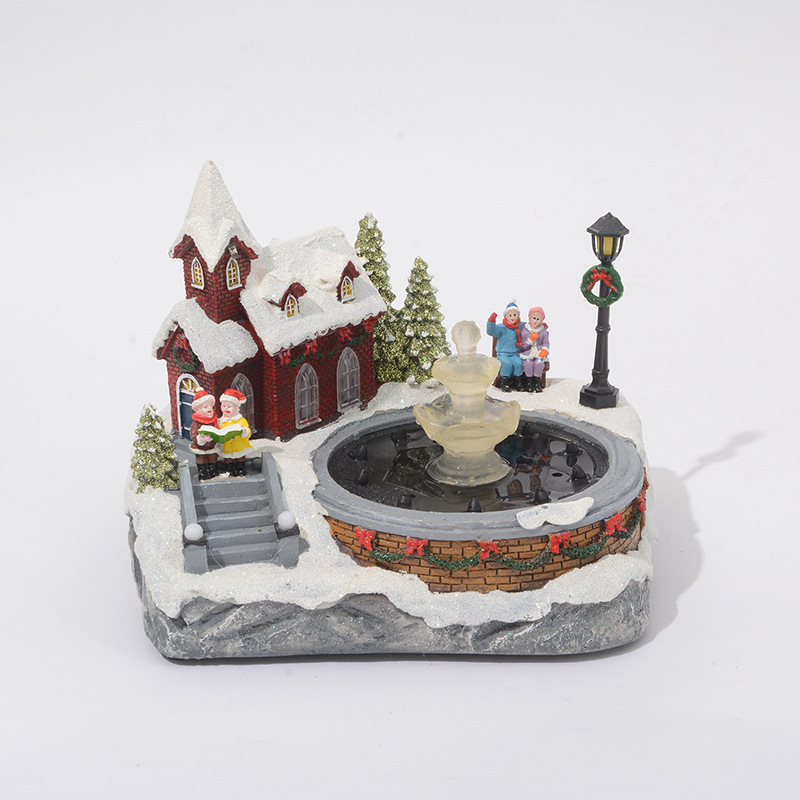 New Products Resin Christmas Village Houses LED Light Up Music Snow Room Can Spray Water Luxury Christmas Gift Ornament