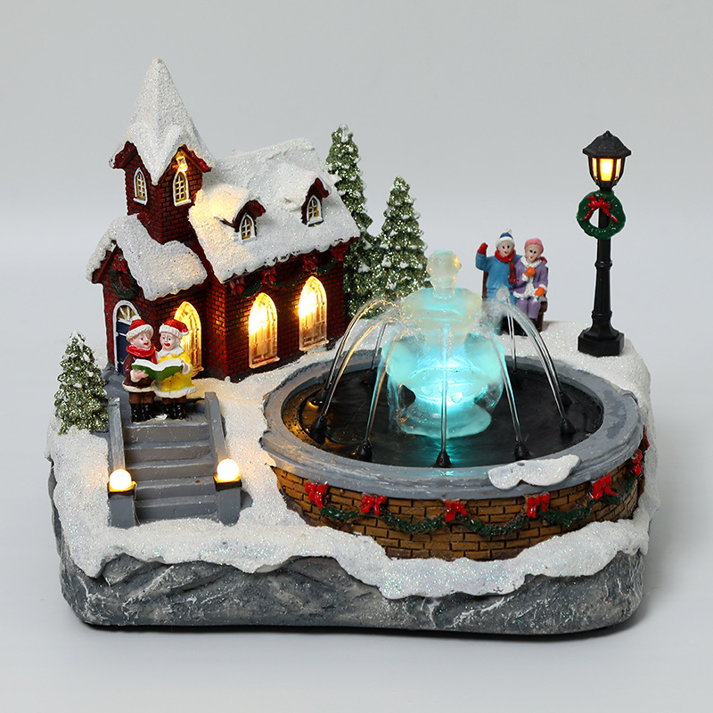 New Products Resin Christmas Village Houses LED Light Up Music Snow Room Can Spray Water Luxury Christmas Gift Ornament