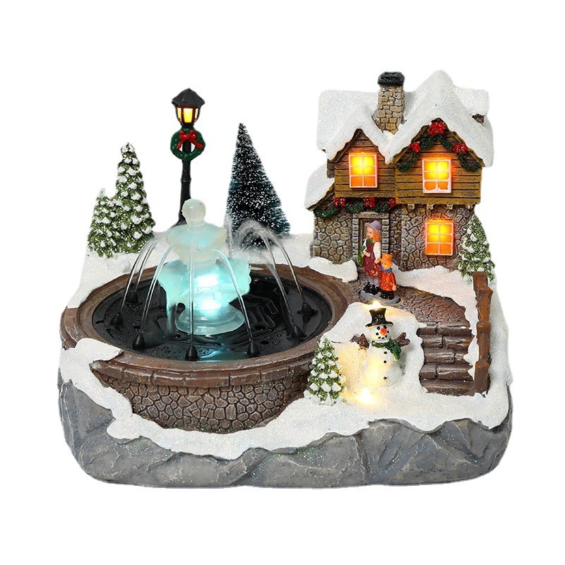 New Products Resin Christmas Village Houses LED Light Up Music Snow Room Can Spray Water Luxury Christmas Gift Ornament