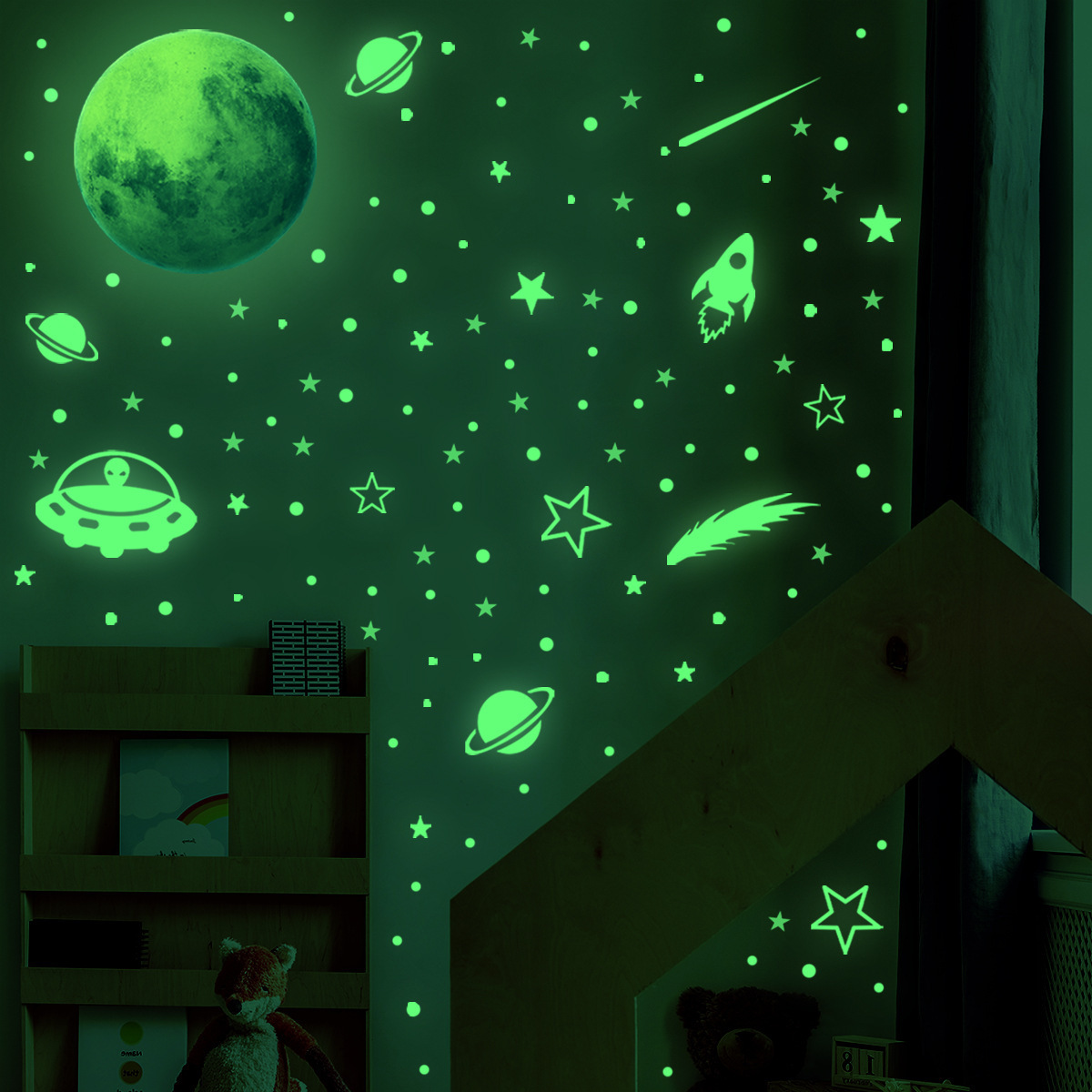 New Glow In The Dark Wall Stickers Astronaut Cartoon Rabbit Bunny Stars Spaceship Children Kids Room Decoration Wall Sticks